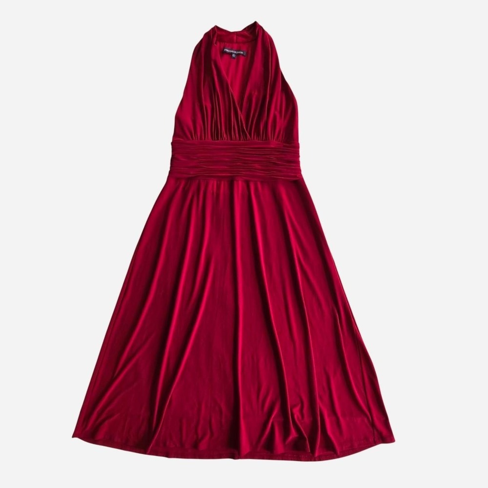 Vintage y2k red ruched party halter midi dress / formal, evening, cocktail, vaca
